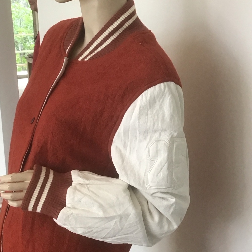 We The Free People Rust Orange Wool White Faux Leather Varsity Jacket M Preppy - Picture 4 of 7